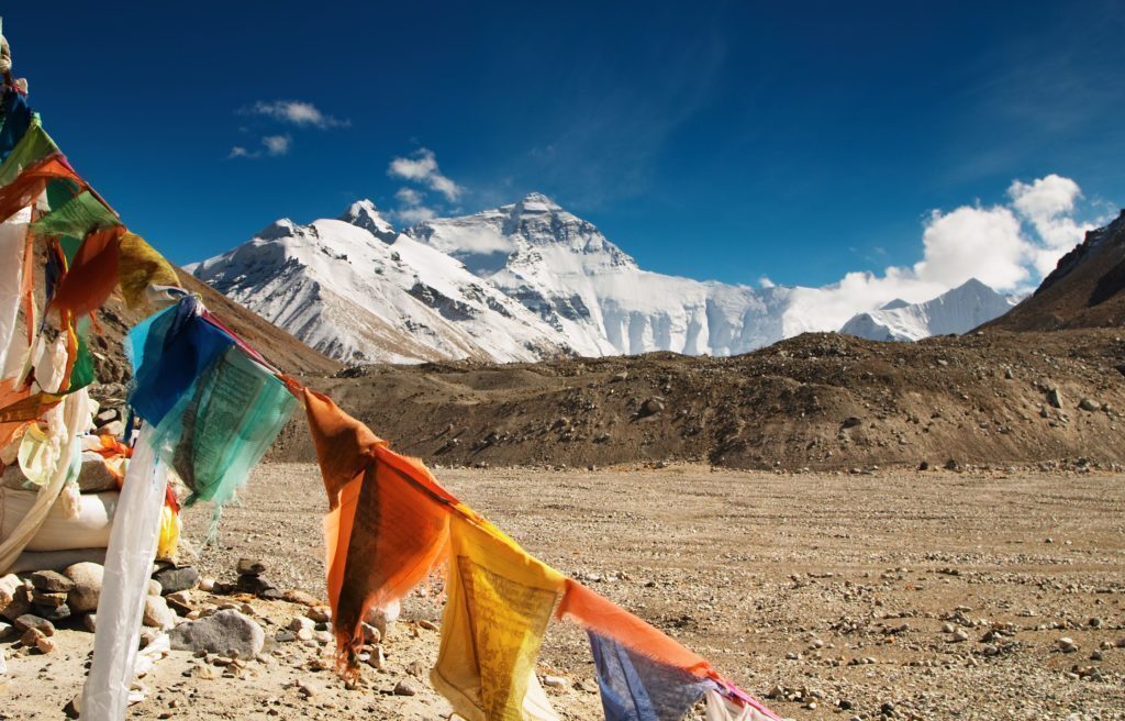 Buddhist prayer flags and mount Everest